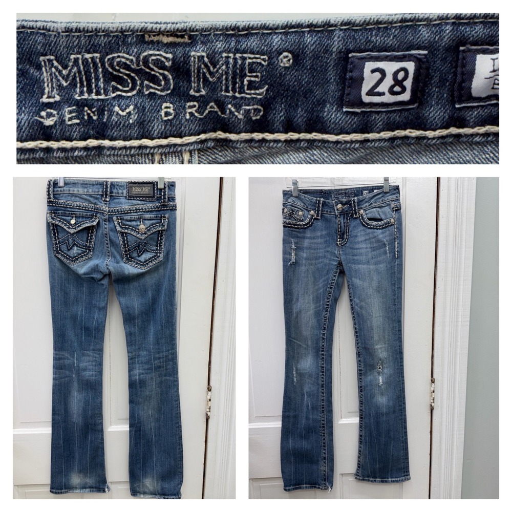 Miss Me Irene Thick Stitch Distressed Bootcut Denim Jeans Women's 28 Embellished